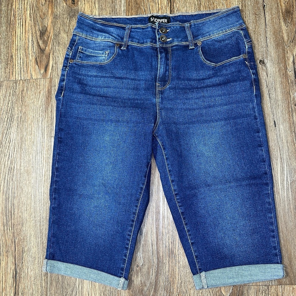 Sandpiper Petite Womens Bermuda Jean Shorts 10P Blue Stretch Denim Cuffed